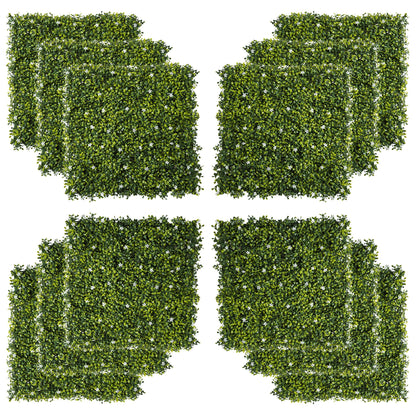 Outsunny 12PCS Artificial Boxwood Wall Panels 50cm x 50cm Grass Privacy Fence Screen Faux Hedge Greenery Backdrop Encrypted Milan Grass with White Flowers for Home Garden Backyard Balcony