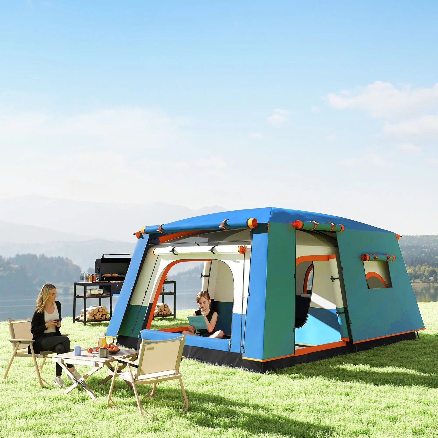 Outsunny 4-6 Man Camping Tent, Double Layer Tunnel Tent with Porch, Living Area and 2 Bedrooms, Sewn in Groundsheet, 3000mm Waterproof and UPF 30+, Portable with Bag, Blue