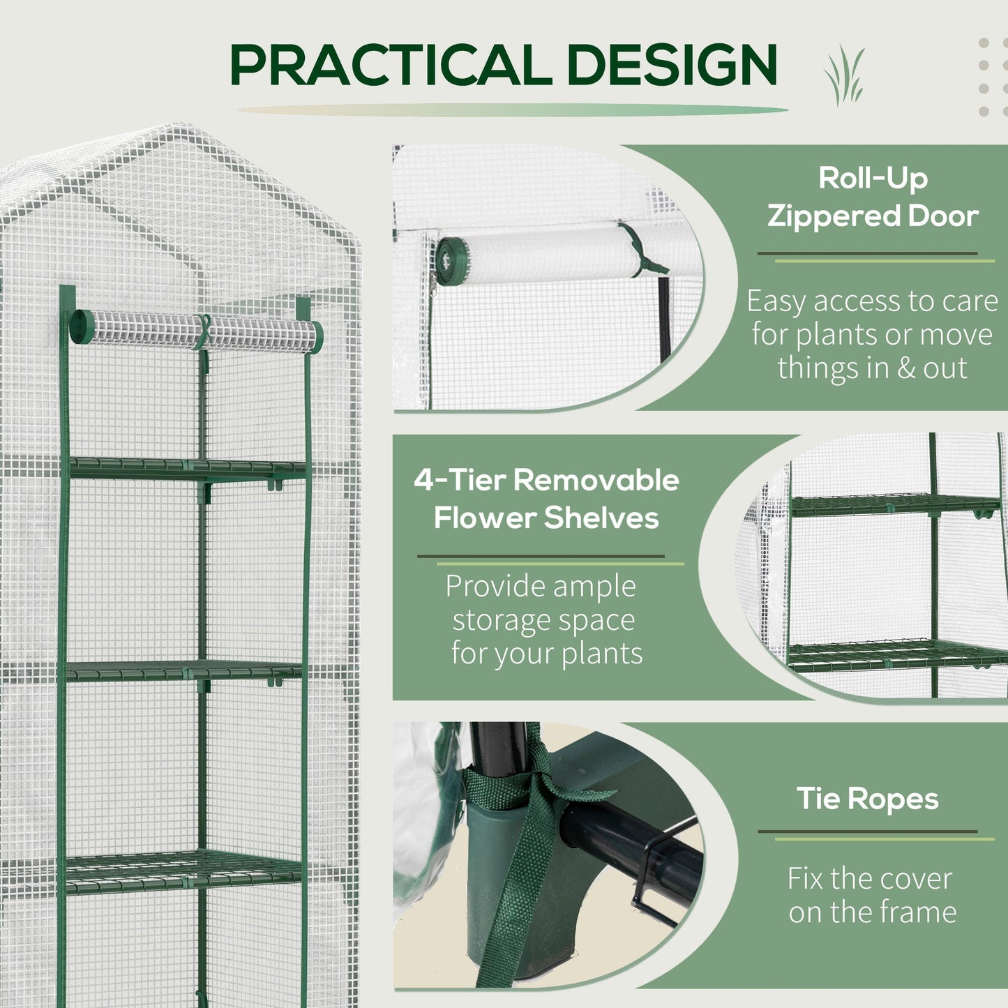 Outsunny 4 Tier Mini Greenhouse, Portable Compact Green House with Steel Frame, PE Cover, Roll-up Door, 70 x 50 x 160 cm, White