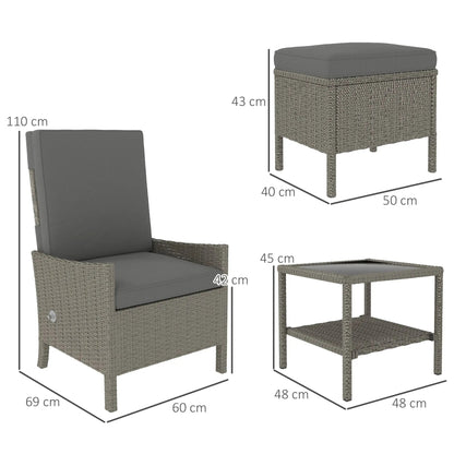 Outsunny 5 Piece Rattan Garden Furniture Set, Wicker Outdoor Furniture with 2 Armchairs, 2 Footstools and Glass Top Coffee Table with Shelf, Cushions for Patio Balcony, Dark Grey