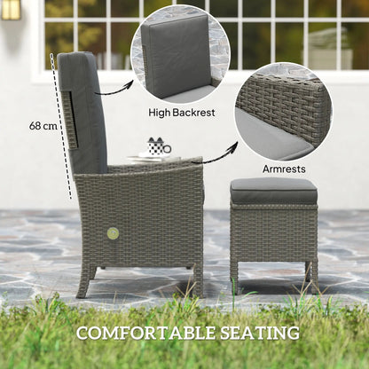 Outsunny 5 Piece Rattan Garden Furniture Set, Wicker Outdoor Furniture with 2 Armchairs, 2 Footstools and Glass Top Coffee Table with Shelf, Cushions for Patio Balcony, Dark Grey