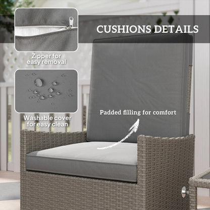 Outsunny 5 Piece Rattan Garden Furniture Set, Wicker Outdoor Furniture with 2 Armchairs, 2 Footstools and Glass Top Coffee Table with Shelf, Cushions for Patio Balcony, Dark Grey