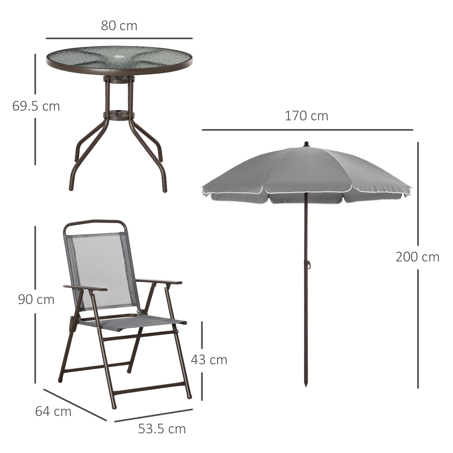 Outsunny 6 Piece Garden Dining Set with Umbrella, Patio Sets with Parasol with 4 Folding Dining Chairs & Round Tempered Glass Table, Grey