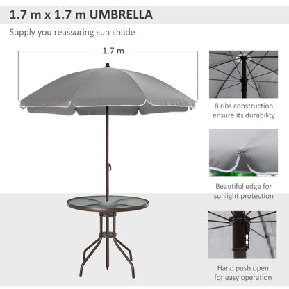 Outsunny 6 Piece Garden Dining Set with Umbrella, Patio Sets with Parasol with 4 Folding Dining Chairs & Round Tempered Glass Table, Grey