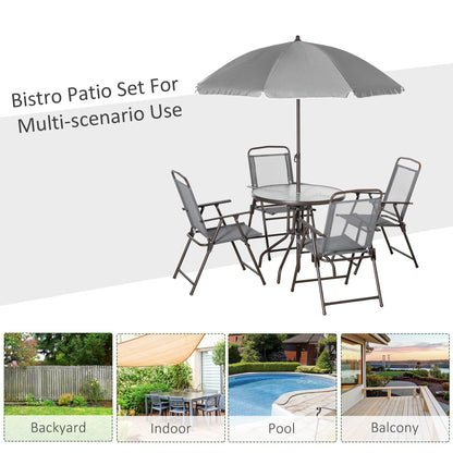 Outsunny 6 Piece Garden Dining Set with Umbrella, Patio Sets with Parasol with 4 Folding Dining Chairs & Round Tempered Glass Table, Grey