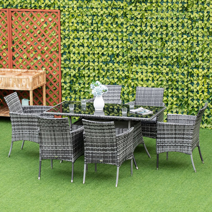 Outsunny 7-Piece Rattan Garden Furniture Set with Cushions, 6 Seater Garden Table and Chairs, Rattan Dining Set with 6 Armchairs, Rectangular Glass Top Table, Grey