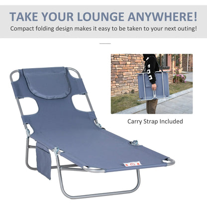 Outsunny Foldable Sun Lounger, Beach Chaise Lounge with Reading Hole, Arm Slots, 5-Position Adjustable Backrest, Side Pocket, Pillow for Patio, Garden, Beach, Pool, Grey