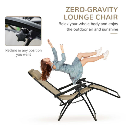 Outsunny Folding Zero Gravity Chairs, 3 Pieces Adjustable Sun Lounger and Table Set with Cup Holder and Headrest, Bistro Set with Reclining Garden Chairs for Patio, Beige