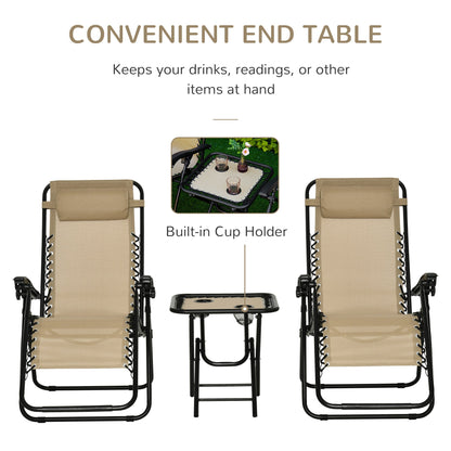 Outsunny Folding Zero Gravity Chairs, 3 Pieces Adjustable Sun Lounger and Table Set with Cup Holder and Headrest, Bistro Set with Reclining Garden Chairs for Patio, Beige