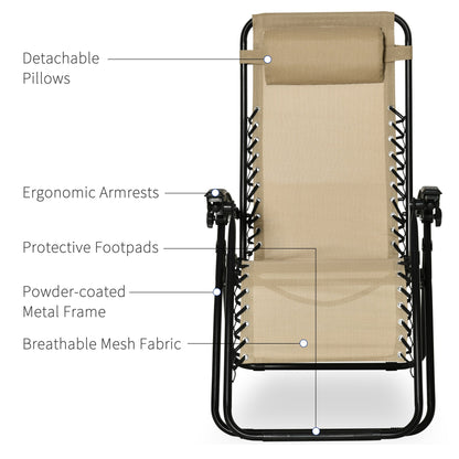 Outsunny Folding Zero Gravity Chairs, 3 Pieces Adjustable Sun Lounger and Table Set with Cup Holder and Headrest, Bistro Set with Reclining Garden Chairs for Patio, Beige