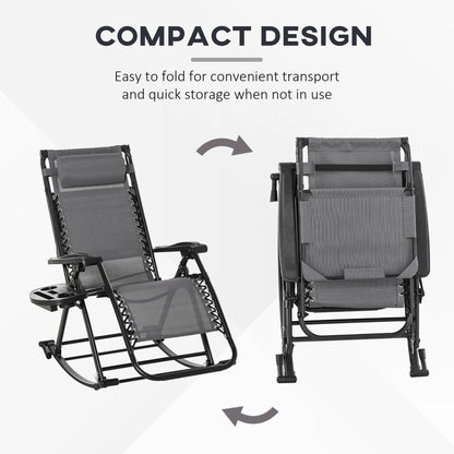 Outsunny Garden Rocking Chair Folding Recliner Outdoor Adjustable Sun Lounger Rocker Zero-Gravity Seat with Headrest Side Holder Patio Deck - Grey