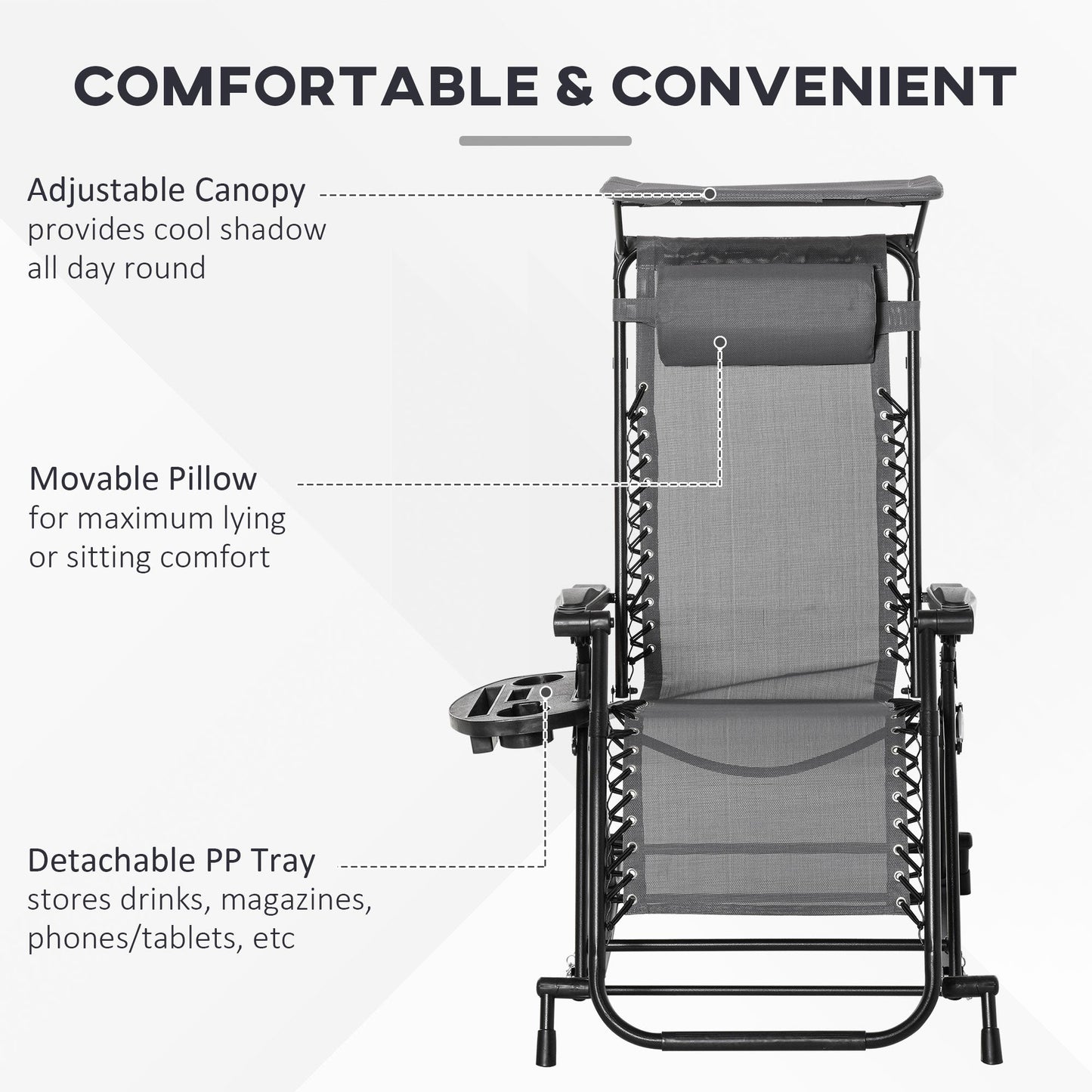 Outsunny Garden Rocking Chair Folding Recliner Outdoor Adjustable Sun Lounger Rocker Zero-Gravity Seat with Headrest Side Holder Patio Deck - Grey