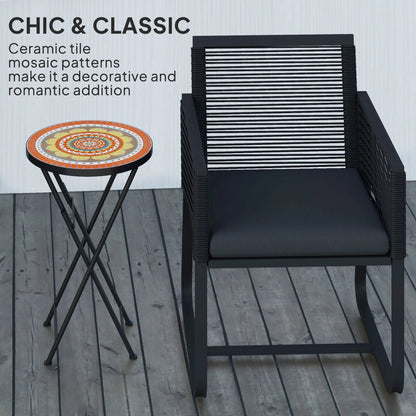 Outsunny Mosaic Outdoor Garden Table, 35.5cm Round Folding Coffee Table with Metal Frame for Balcony Terrace, Orange