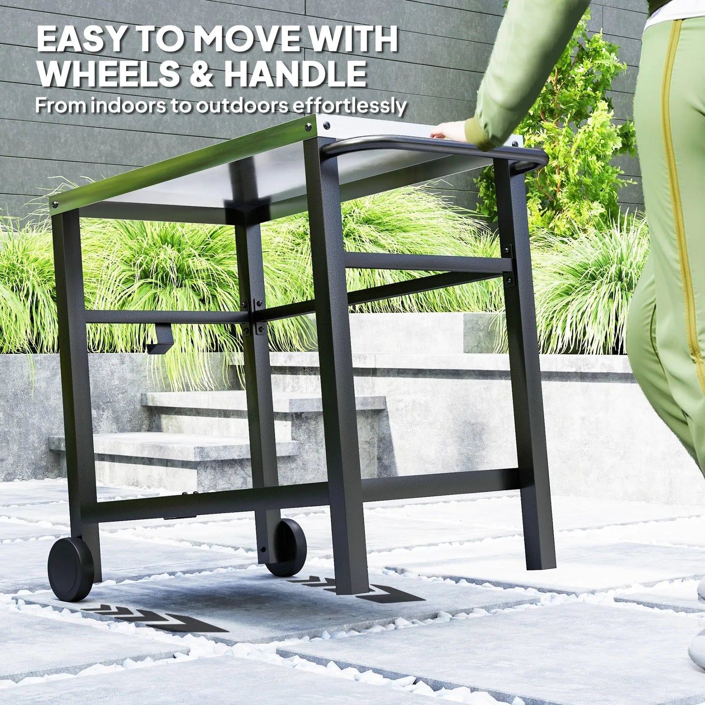 Outsunny Outdoor Grill Dining Cart 2-Shelf Movable Pizza Oven Table Stand with Stainless Steel Top, Portable BBQ Trolley Food Prep Outdoor Kitchen BBQ Station with Hooks Wheels Handle, Charcoal Grey