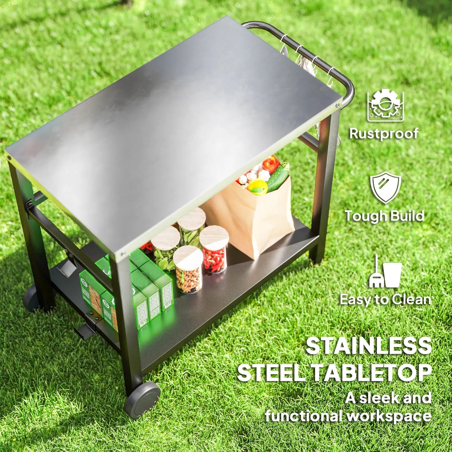 Outsunny Outdoor Grill Dining Cart 2-Shelf Movable Pizza Oven Table Stand with Stainless Steel Top, Portable BBQ Trolley Food Prep Outdoor Kitchen BBQ Station with Hooks Wheels Handle, Charcoal Grey