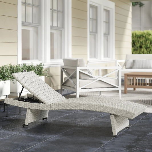 Outsunny Outdoor PE Rattan Sun Lounger, Folding Wicker Garden Lounger Recliner with 4-Level Adjustable Backrest, Rolling Sunbed Lounge Chair with Wheels, Non-Slip Legs for Balcony, Beach, Grey