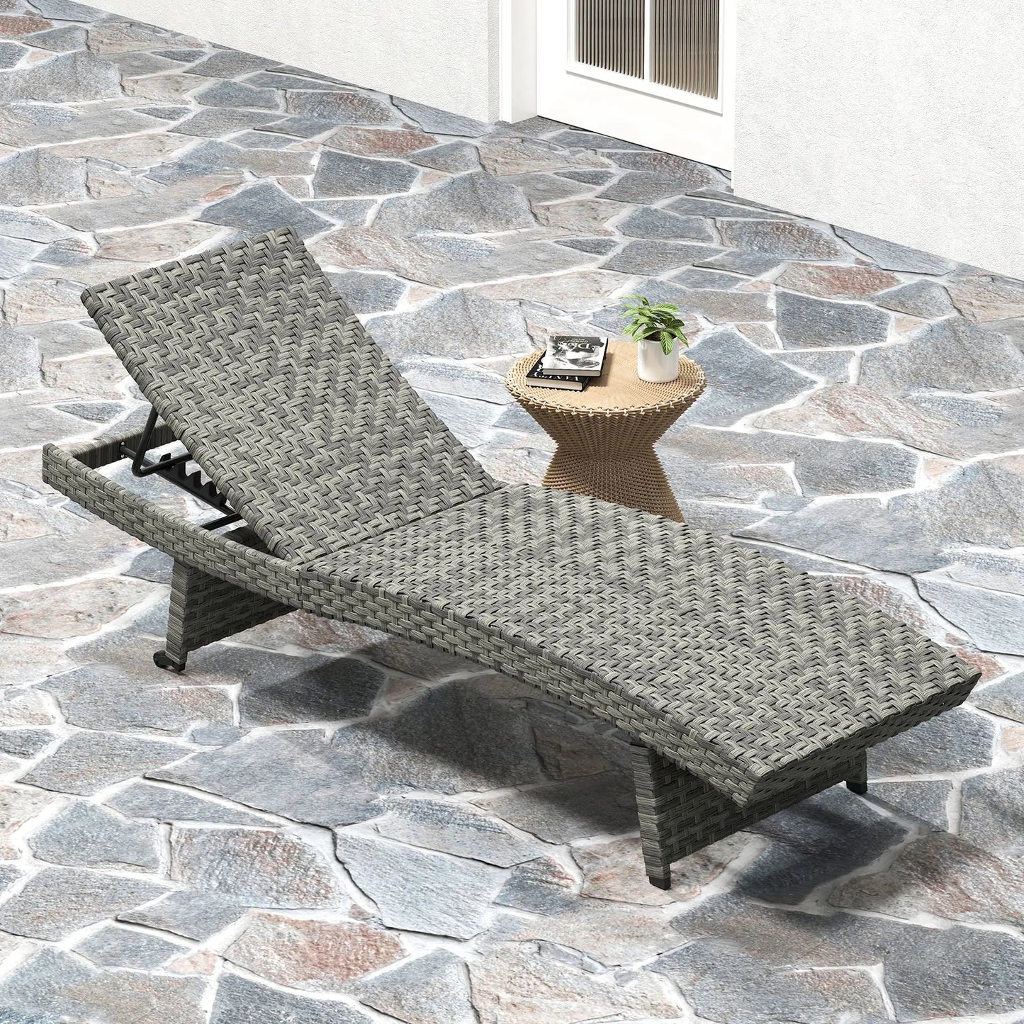 Outsunny Outdoor PE Rattan Sun Lounger, Folding Wicker Garden Lounger Recliner with 4-Level Adjustable Backrest, Rolling Sunbed Lounge Chair with Wheels, Non-Slip Legs for Balcony, Beach, Mixed-grey