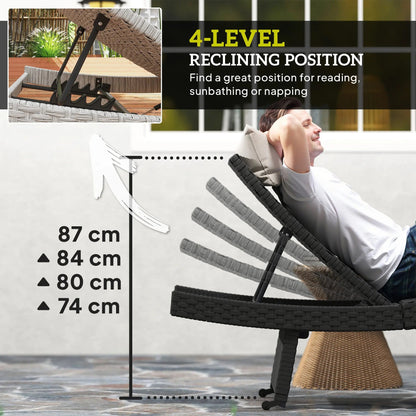 Outsunny Outdoor PE Rattan Sun Lounger, Folding Wicker Garden Lounger Recliner with 4-Level Adjustable Backrest, Rolling Sunbed Lounge Chair with Wheels, Non-Slip Legs for Balcony, Beach, Black