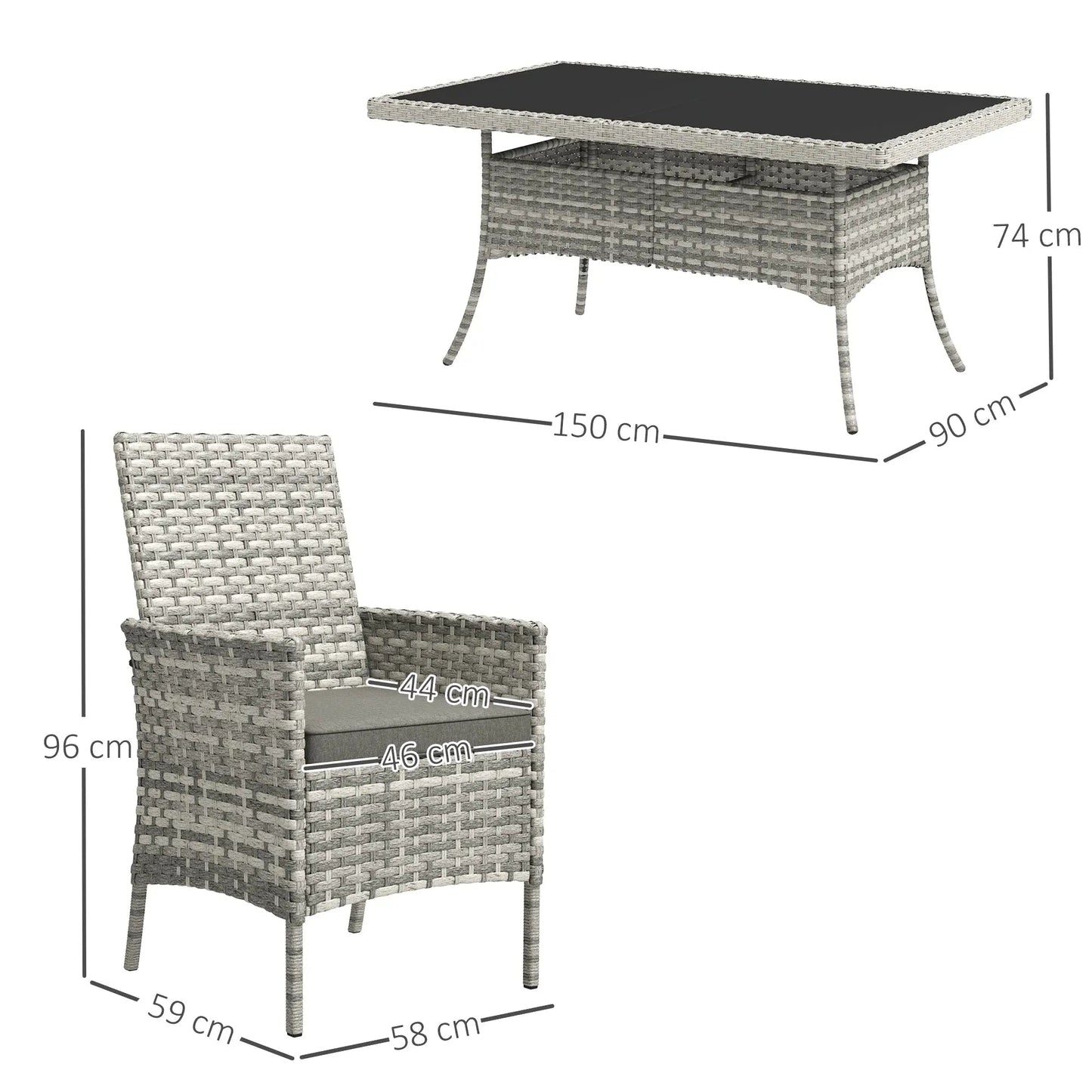 Outsunny Rattan Garden Furniture Set, 6 Seater Outdoor Dining Table and Chairs with Cushions, 150 x 90cm Rectangular Tempered Glass Table, 6 Armchairs, for Terrace, Conservatory, Balcony, Mixed-Grey