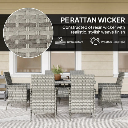 Outsunny Rattan Garden Furniture Set, 6 Seater Outdoor Dining Table and Chairs with Cushions, 150 x 90cm Rectangular Tempered Glass Table, 6 Armchairs, for Terrace, Conservatory, Balcony, Mixed-Grey