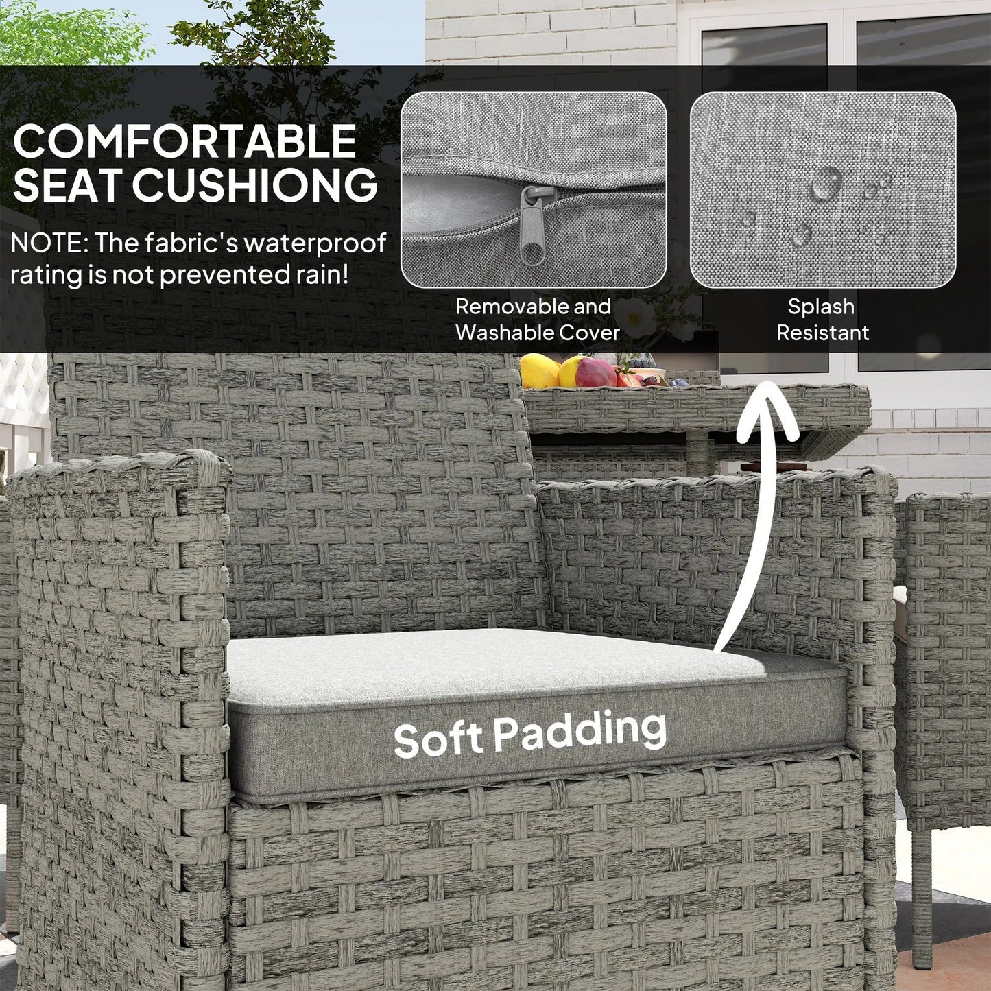 Outsunny Rattan Garden Furniture Set, Outdoor Dining Table and Chairs 4 Seater with Cushions, Square Tempered Glass Top, 4 Armchairs, for Balcony, Terrace, Conservatory, Grey