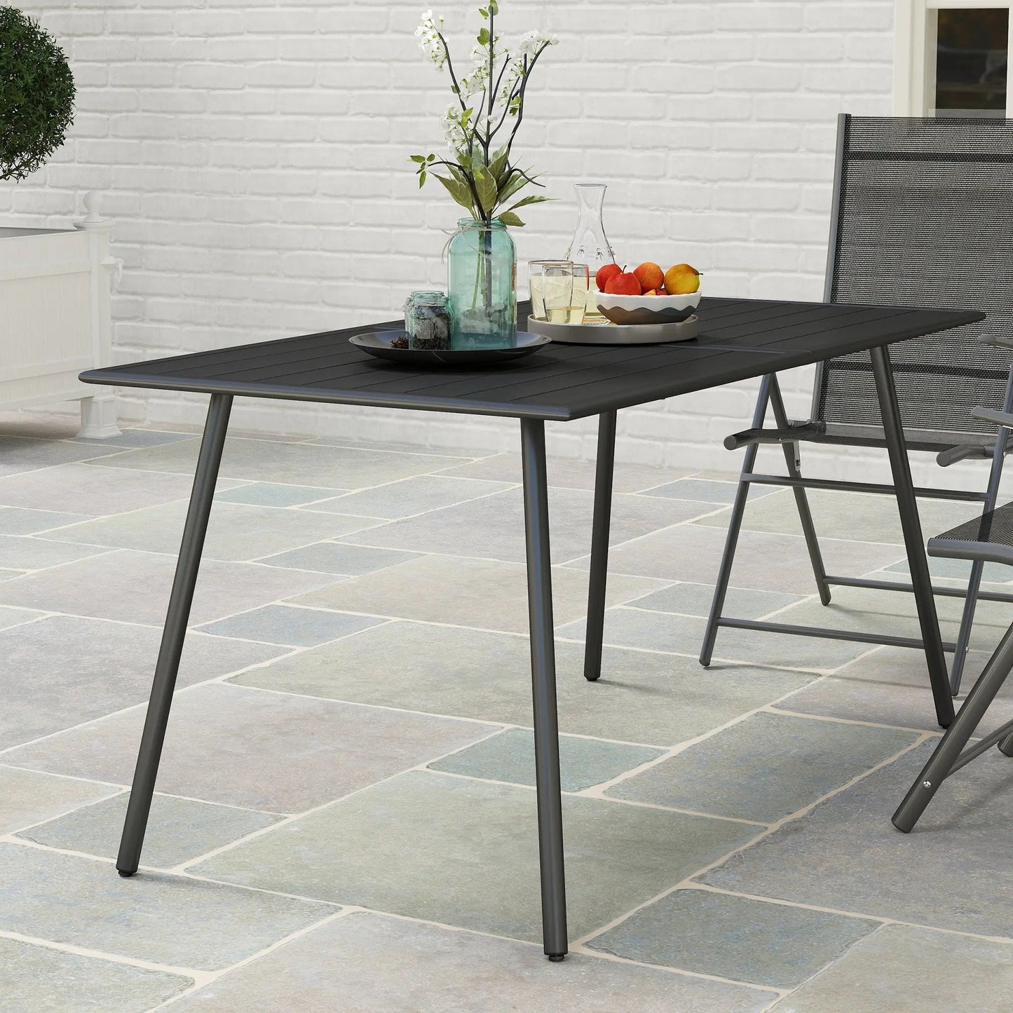 Outsunny Rectangle Garden Table with Slat Top, Steel Frame, Outdoor Table for 6 Person, 150 x 80 x 74 cm, Black