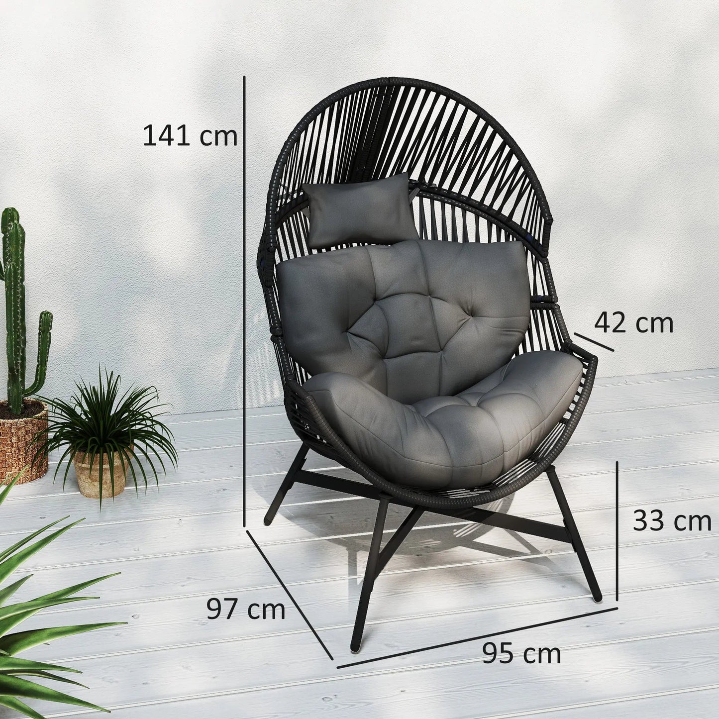 Outsunny Standing Rattan Egg Chair Outdoor, Oversized Wicker Garden Egg Chair with Thick Tufted Cushion, Headrest, Steel Frame, Charcoal Grey