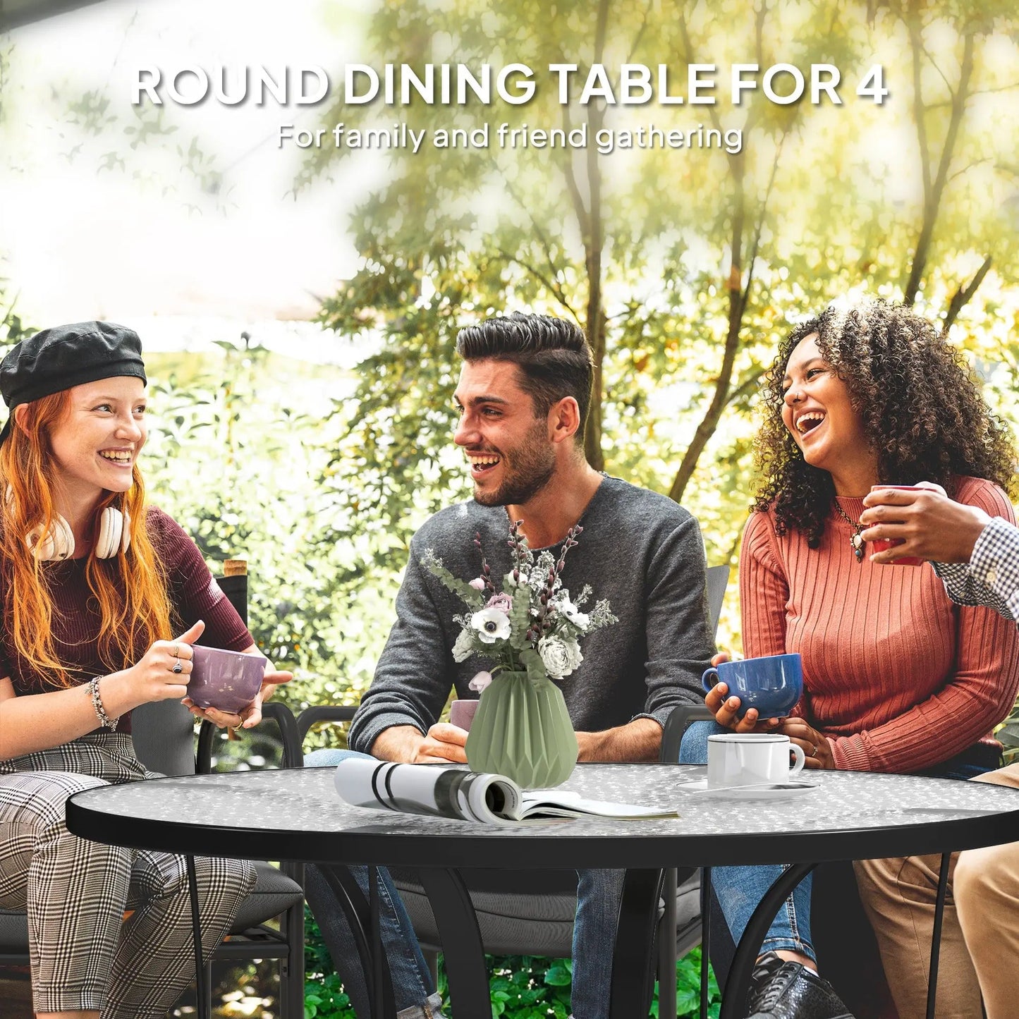 Outsunny Tempered Glass Top Round Outdoor Dining Table with Parasol Hole, 96.5 x 96.5 x 71 cm