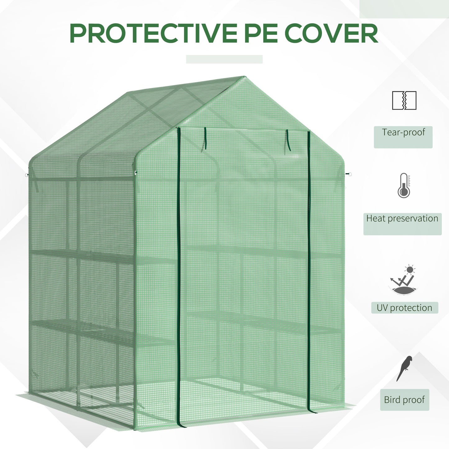 Outsunny Walk in Greenhouse with Shelves Steeple Green House for Garden Grow House Removable Cover 143x138x190cm, Green