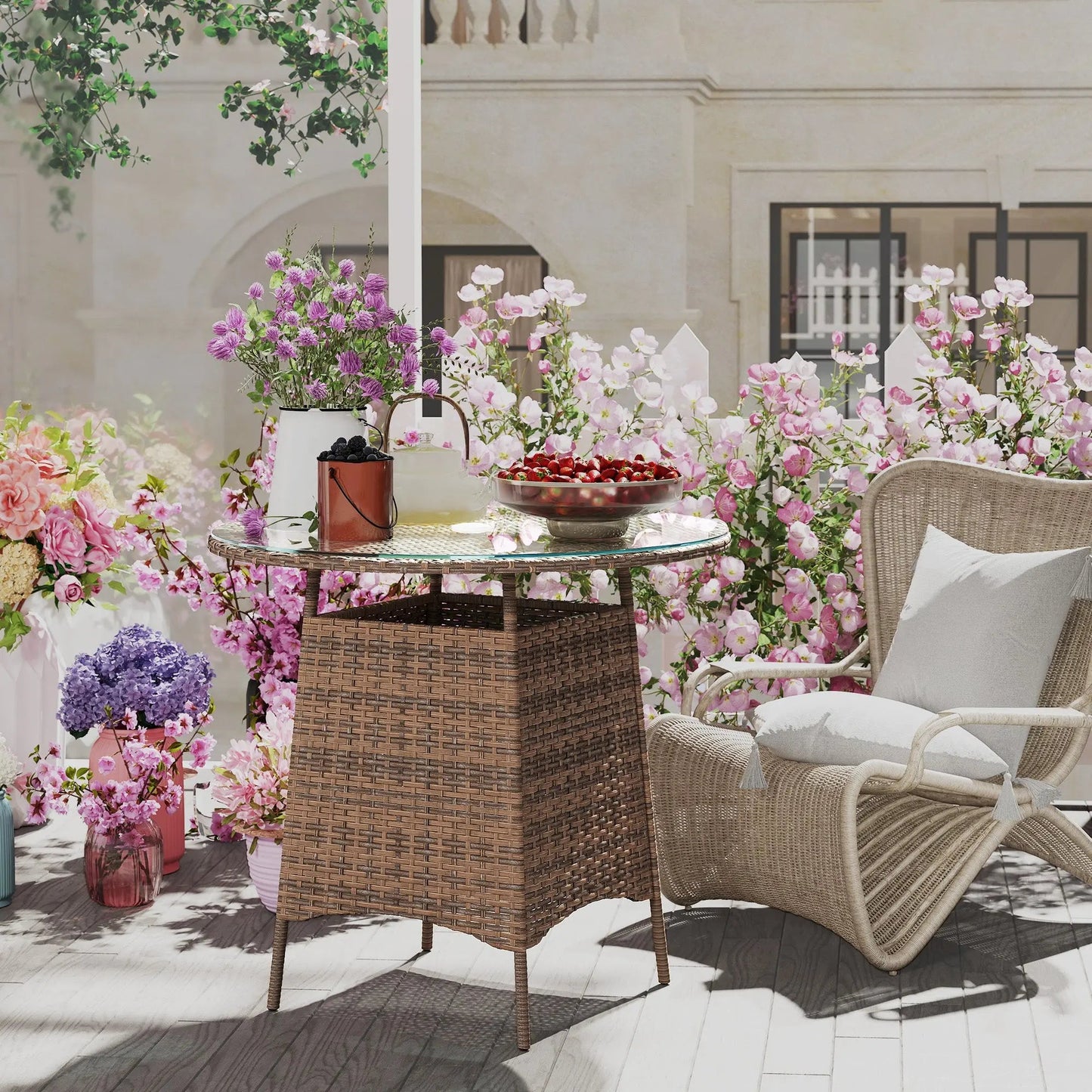 Outsunny Wicker Garden Rattan Table, Patio Furniture Outdoor Coffee Table with Umbrella Hole and Tempered Glass Top, Brown