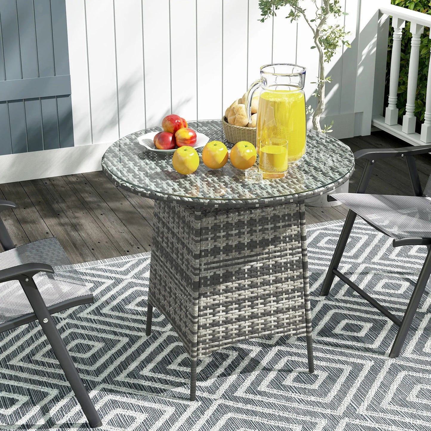 Outsunny Wicker Garden Rattan Table, Patio Furniture Outdoor Coffee Table with Umbrella Hole and Tempered Glass Top, Grey