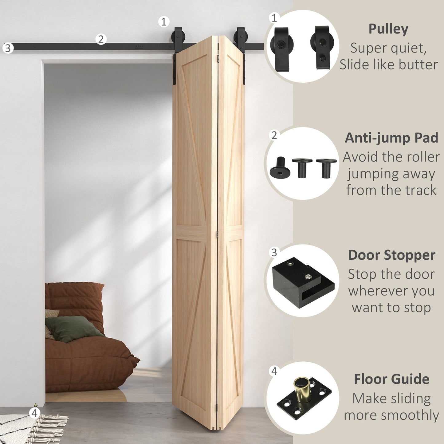 HOMCOM 5ft Bi-Folding Sliding Barn Door Hardware Kit - Black