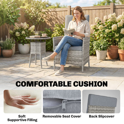Outsunny Rattan Bistro Set, Reclining Garden Chairs and Glass Coffee Table with Cushions for Patio Balcony Porch, Light Grey