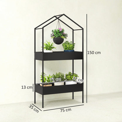 Outsunny 2 Tier Plant Stand, Outdoor Indoor Metal Plant Stand with Hook, House-Shaped Pots Holder Display Rack, Black