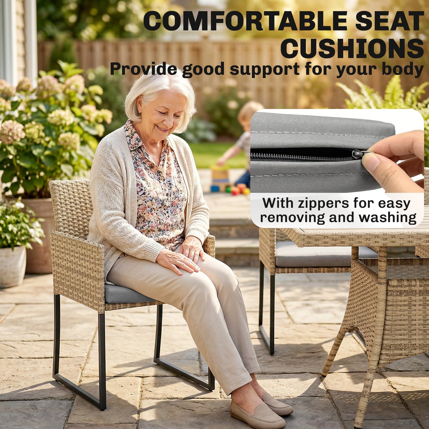 Outsunny 7 Piece Rattan Garden Furniture Set, Garden Dining Set with Wood-Plastic Table and 6 Stackable Chairs, Dark Grey