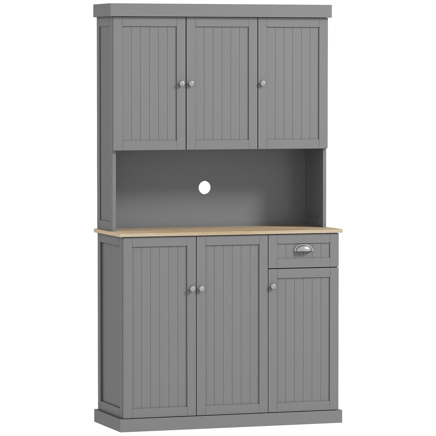 HOMCOM 180cm Freestanding Kitchen Cabinet, Modern Storage Cupboard with Open Countertop, Drawer and 6 Doors, Grey