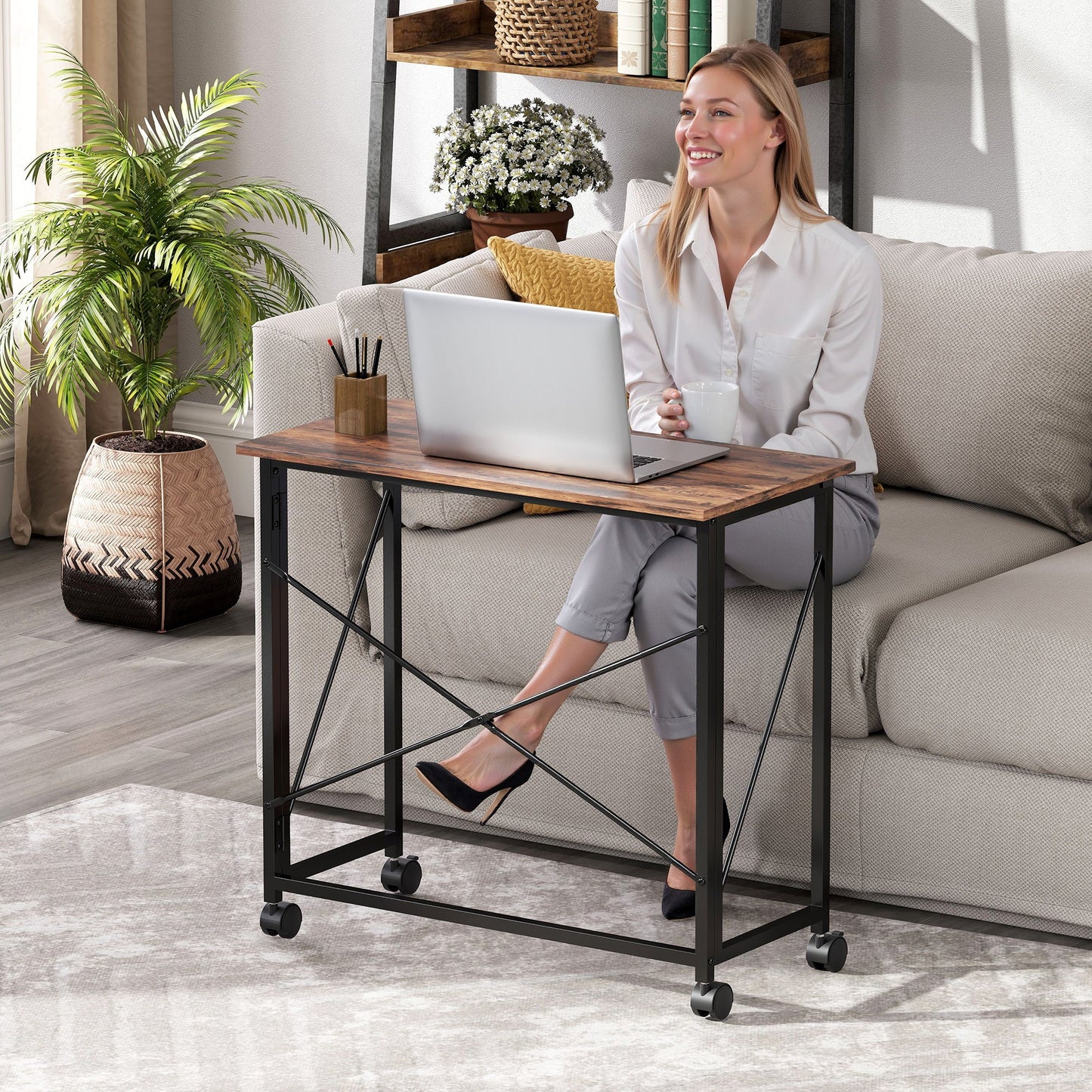 HOMCOM 80 cm Folding Desk on Wheels - Rustic Brown