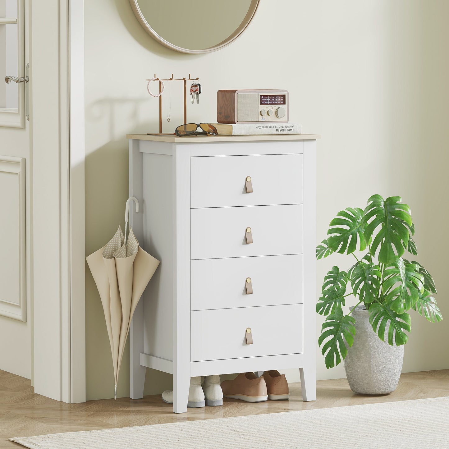 HOMCOM Bedroom Chest of Drawers, Modern 4 Drawer Dresser Cabinet with PU Leather Handles and Metal Runners for Living Room, Hallway, Entryway, White