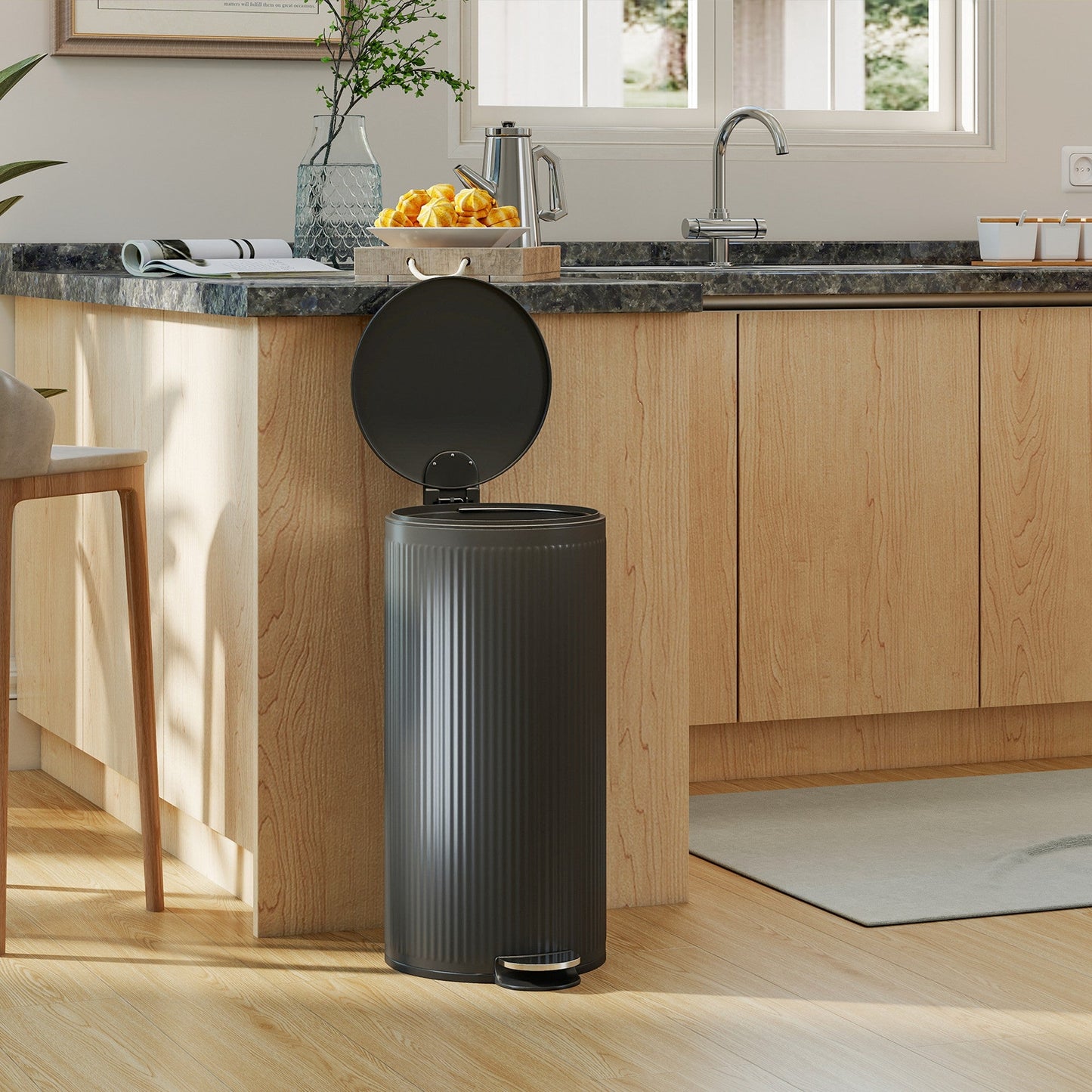 HOMCOM 30 Litre Pedal Kitchen Bin with Soft Close and Stay Open Lid, Rubbish Bin with Removable Inner Bucket for Kitchen, Office, Home, Black