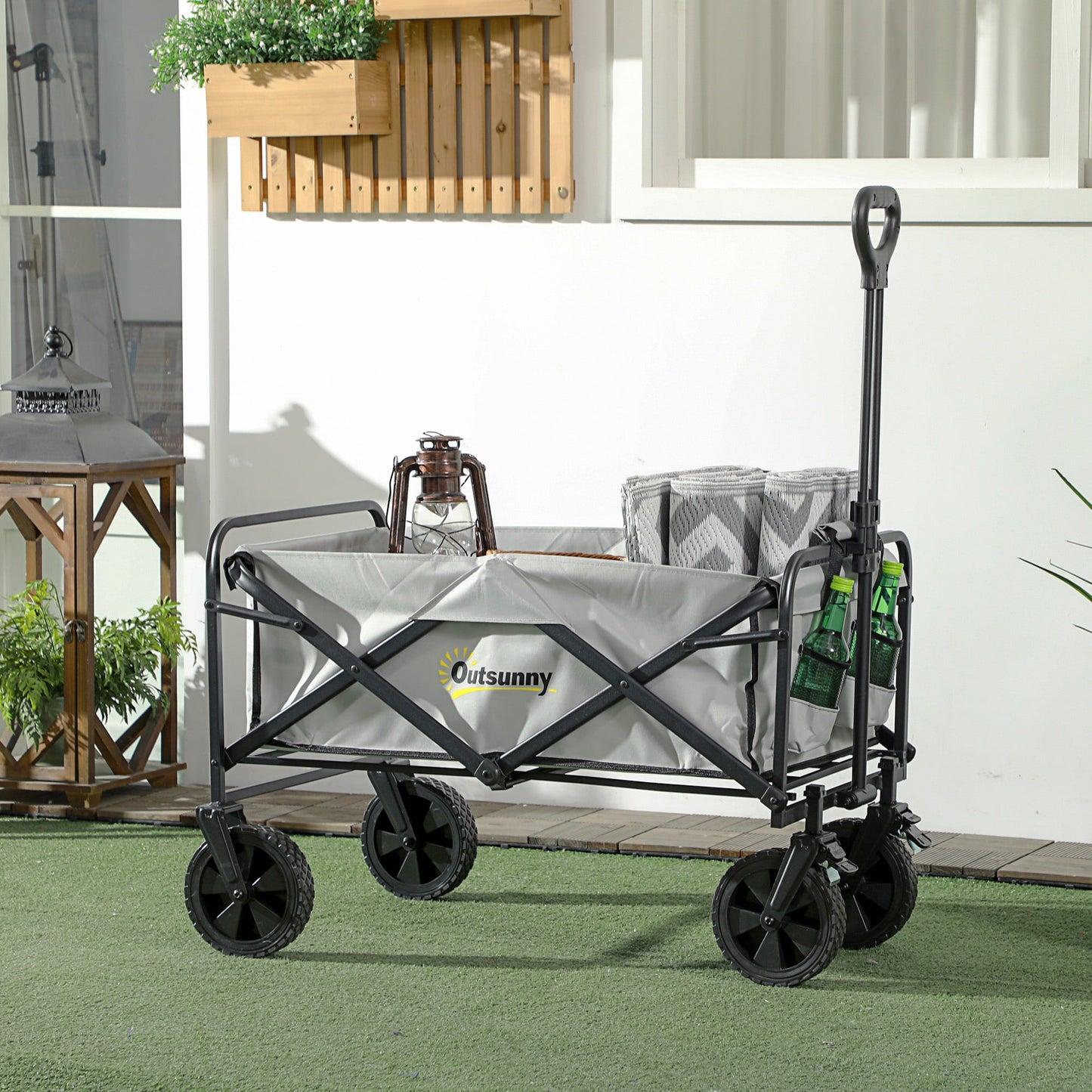Outsunny Folding Pull Along Cart Cargo Wagon Trolley with Telescopic Handle - Dark Grey