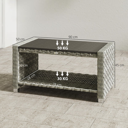 Outsunny Outdoor Coffee Table with Storage Shelf, PE Rattan Side Table with Slatted Top and Foot Pads, Grey