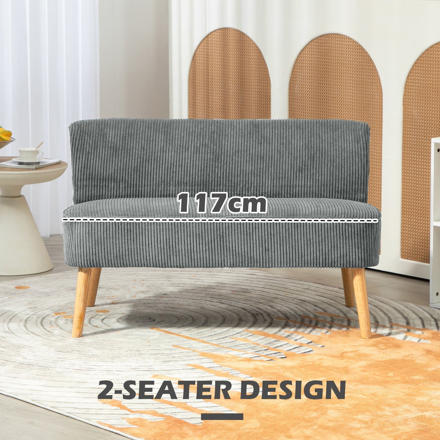 HOMCOM Modern Corduroy Double Seat Sofa w/ Wood Frame Foam Padding High Back Soft Comfortable Compact Couch Grey