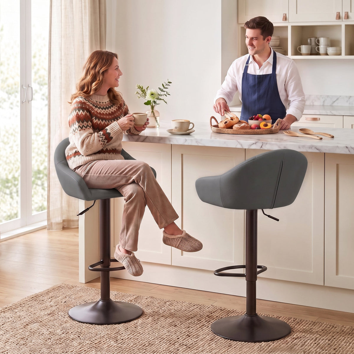 HOMCOM Bar Stools Adjustable Heights Breakfast Bar Stools Backrest Armrests Set of 2 with Rubber Ring Metal Base, Grey