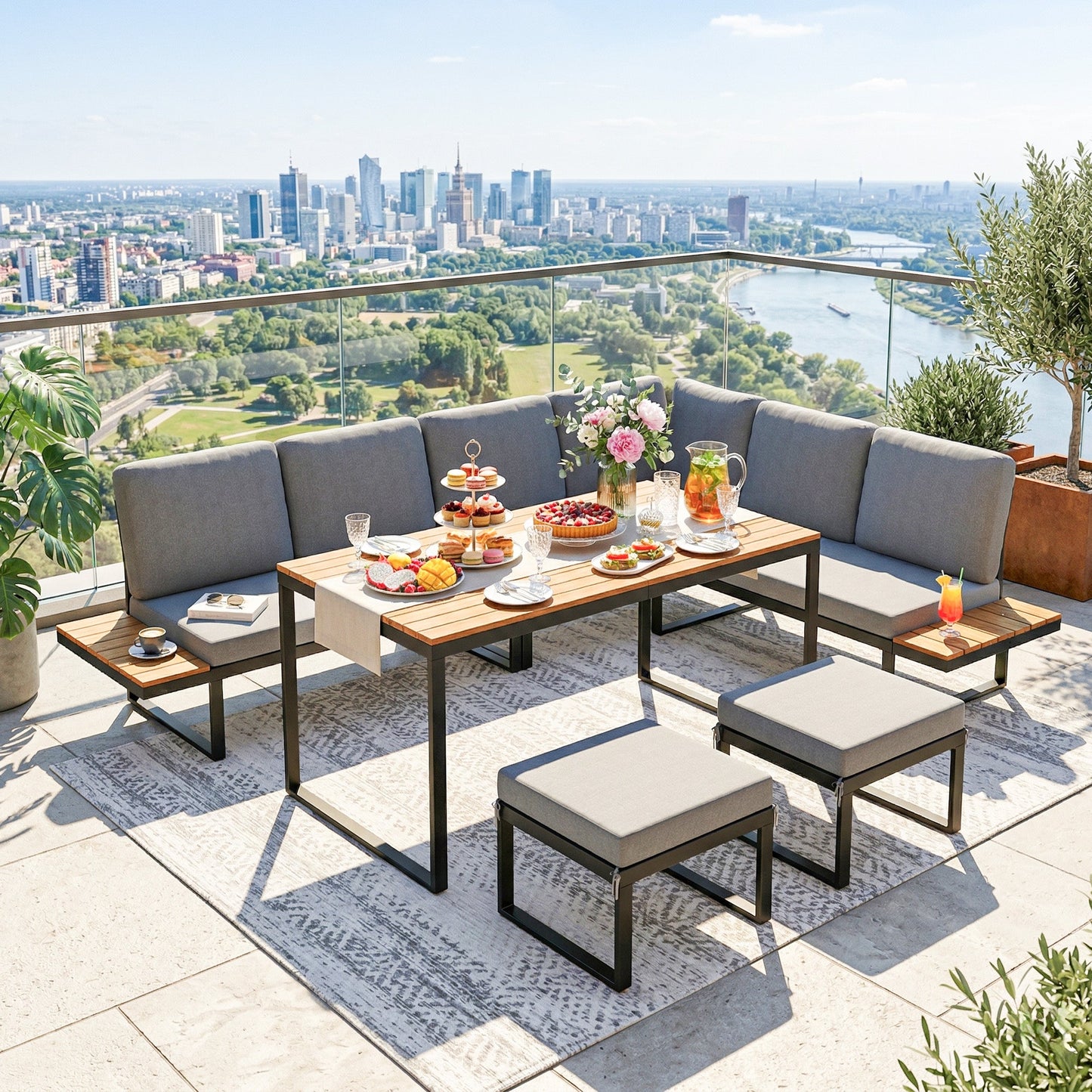 Outsunny Patio Furniture Set Modular Garden Sofa Set 6 Pieces with Dining Table for Outdoor Patio Grey