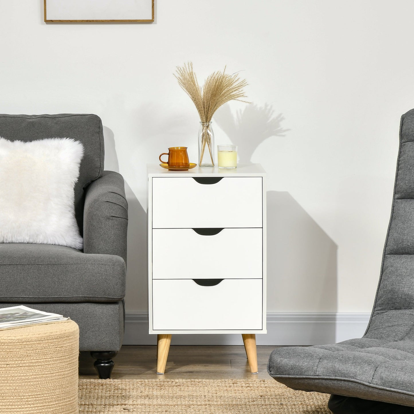HOMCOM Set of 2 Bedside Tables, Modern Nightstand Side End Table with 3 Storage Drawers and Solid Pine Wood Legs for Bedroom Living Room Entryway, White