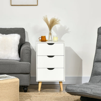 HOMCOM Set of 2 Bedside Tables, Modern Nightstand Side End Table with 3 Storage Drawers and Solid Pine Wood Legs for Bedroom Living Room Entryway, White