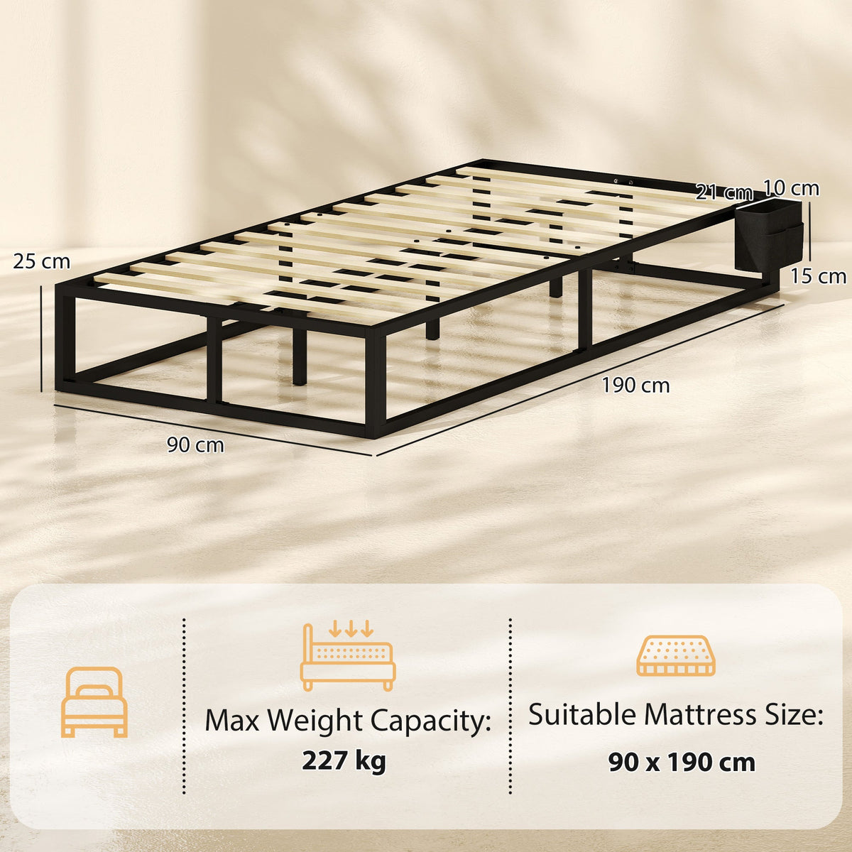 HOMCOM 12 Slats Metal Platform Bed Frame, 3ft Single Bed Frame with Storage Bag and Anti-Slip Pads, Black