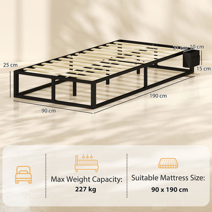 HOMCOM 12 Slats Metal Platform Bed Frame, 3ft Single Bed Frame with Storage Bag and Anti-Slip Pads, Black