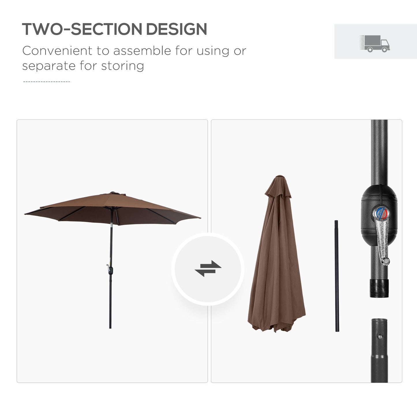Outsunny 3(m) Tilting Parasol Garden Umbrellas, Outdoor Sun Shade with 8 Ribs, Tilt and Crank Handle for Balcony, Bench, Garden, Coffee