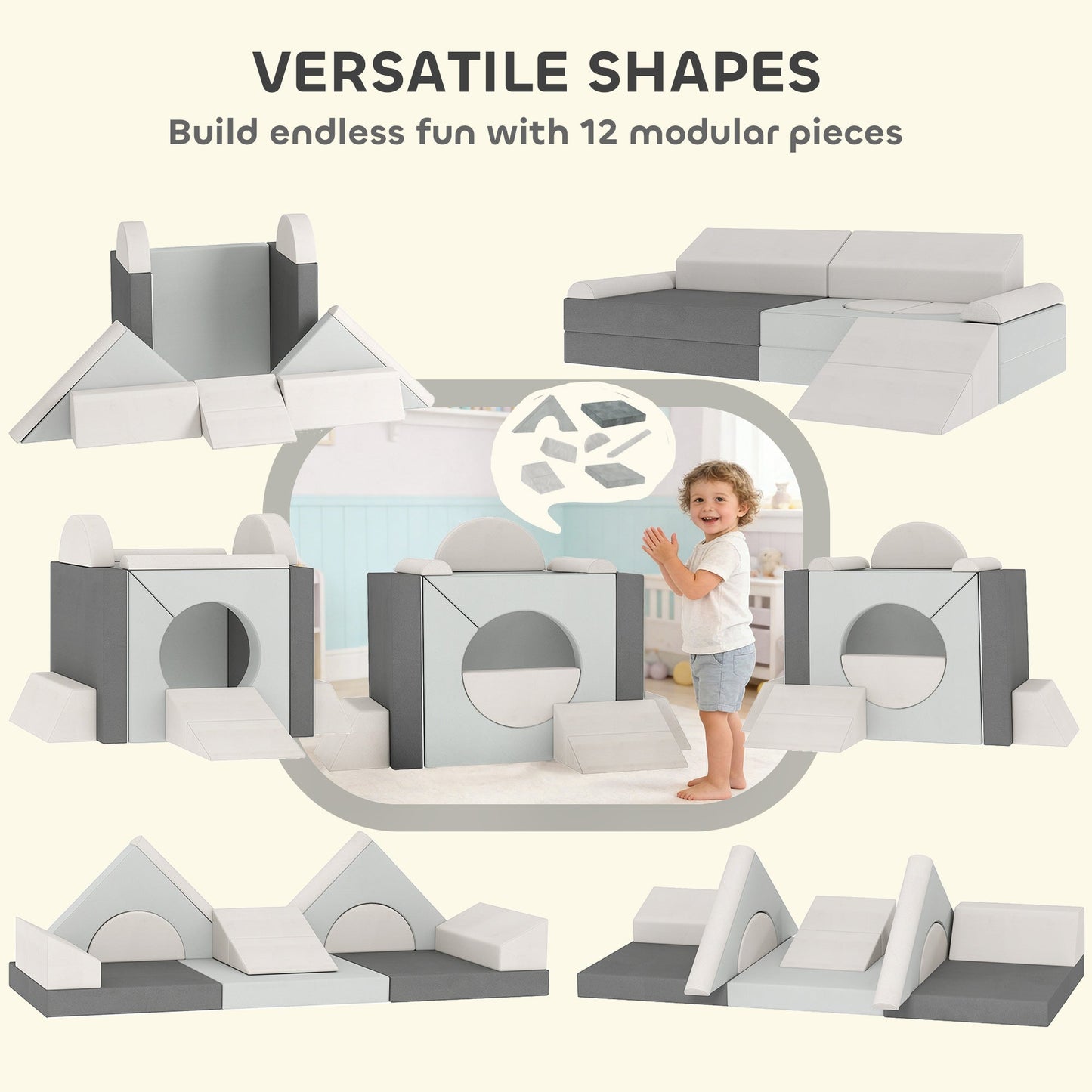 AIYAPLAY Kids Play Sofa, 12 Pieces Foam Modular Soft Play Set for Playroom, Children Convertible Sofa for Boys and Girls, Grey